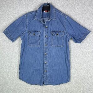 Wrangler Shirt Mens Small Denim Short‎ Sleeve Button Front Western Pocket Blue